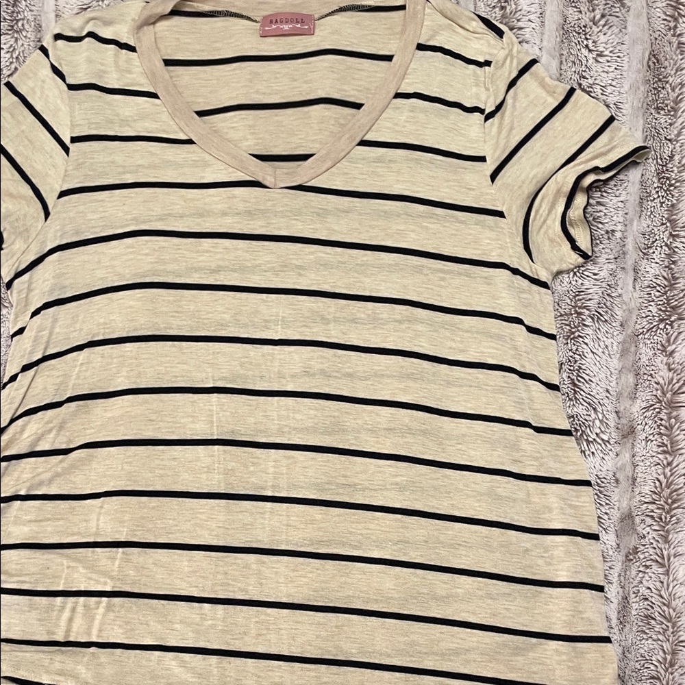 Ragdoll Cream and Black Striped Short Sleeve Tee gathered sides